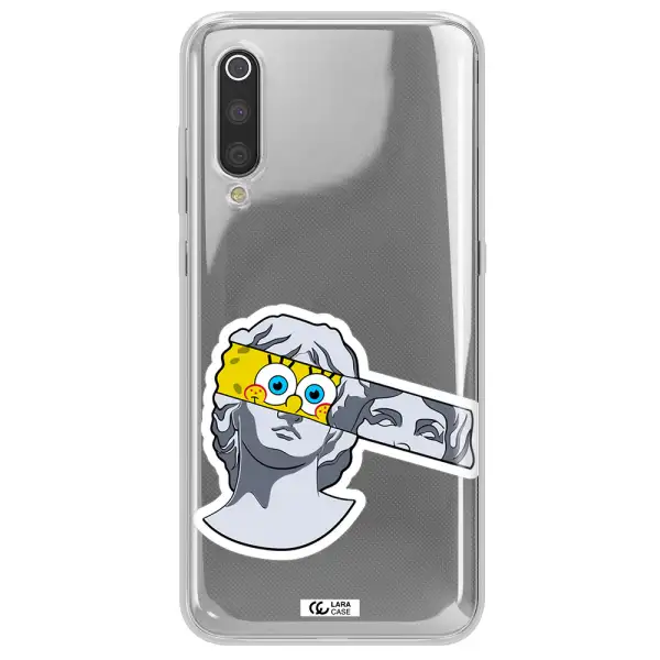 a cartoon of a statue with a yellow spongebob over its eyes Xiaomi Mi 9 Clear TPU Case