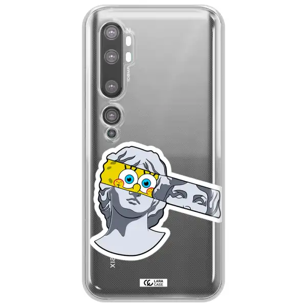 a cartoon of a statue with a yellow spongebob over its eyes Xiaomi Mi Note 10 Clear TPU Case