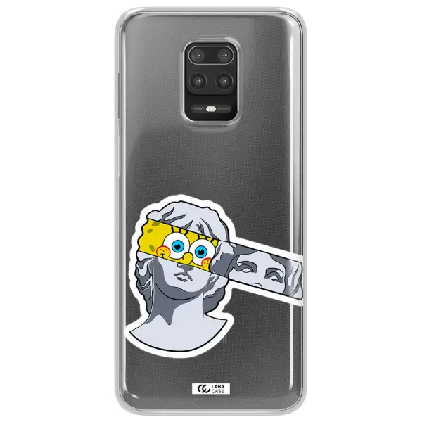 a cartoon of a statue with a yellow spongebob over its eyes Xiaomi Note 9S Clear TPU Case