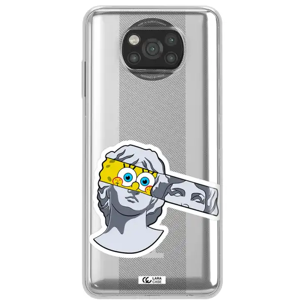 a cartoon of a statue with a yellow spongebob over its eyes Xiaomi Poco X3 Clear TPU Case
