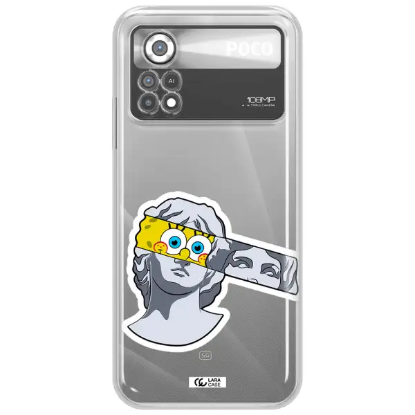 a cartoon of a statue with a yellow spongebob over its eyes Xiaomi Poco X4 Pro Clear TPU Case