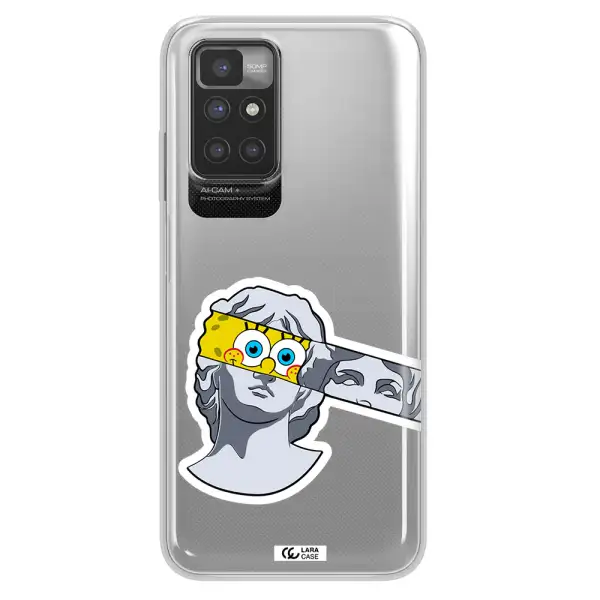 a cartoon of a statue with a yellow spongebob over its eyes Xiaomi Redmi 10 Clear TPU Case
