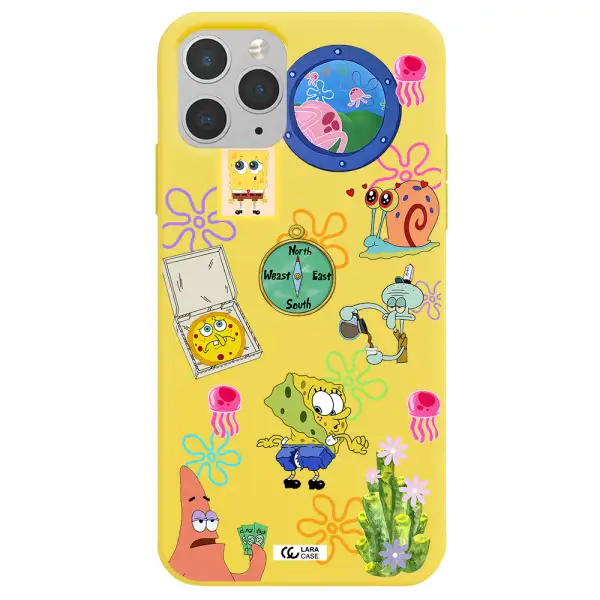 a collection of cartoon characters Apple iPhone 11 pro Silicone canary yellow Case