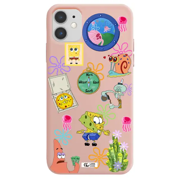 a collection of cartoon characters Apple iPhone 11 Silicone pastel pink Case
