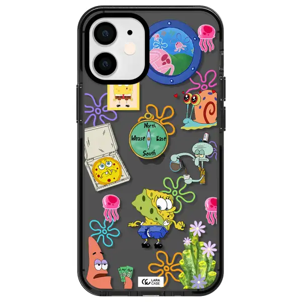 a collection of cartoon characters Apple iPhone 12 mini impact Smoke Black Case