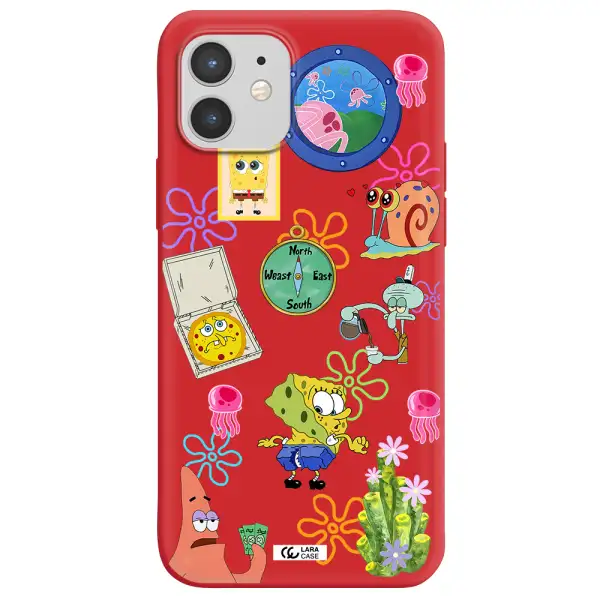 a collection of cartoon characters Apple iPhone 12 mini Silicone Imperial Red Case