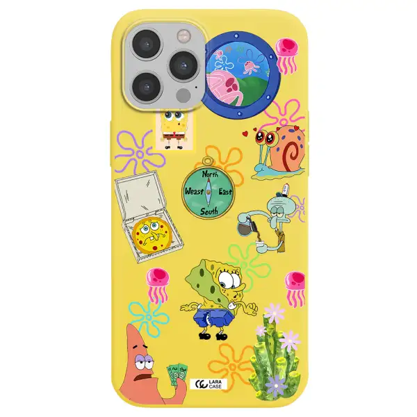 a collection of cartoon characters Apple iPhone 12 pro max Silicone canary yellow Case