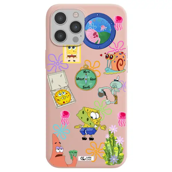 a collection of cartoon characters Apple iPhone 12 pro max Silicone pastel pink Case