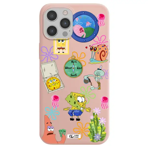 a collection of cartoon characters Apple iPhone 12 pro Silicone pastel pink Case