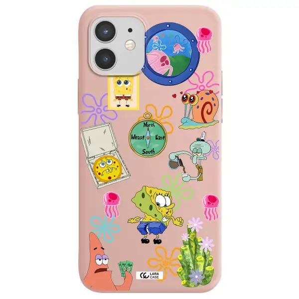 a collection of cartoon characters Apple iPhone 12 Silicone pastel pink Case