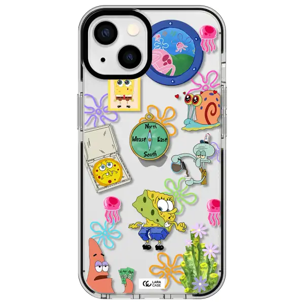a collection of cartoon characters Apple iPhone 13 impact black border Case