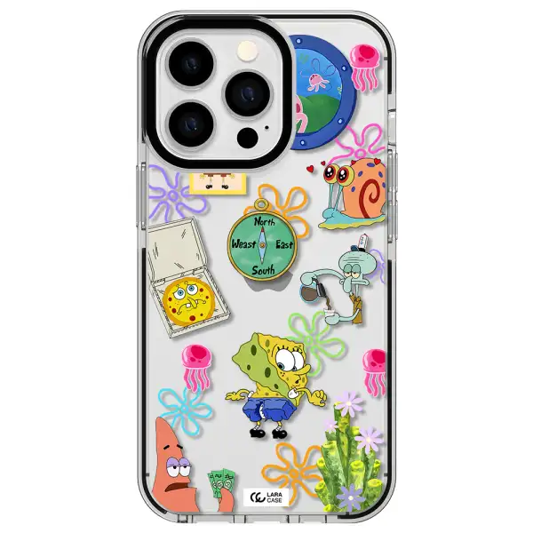 a collection of cartoon characters Apple iPhone 13 Pro impact black border Case