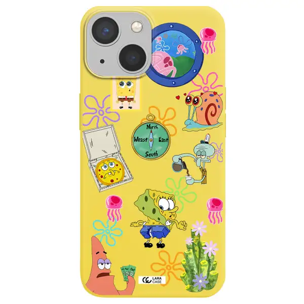 a collection of cartoon characters Apple iPhone 13 Silicone canary yellow Case