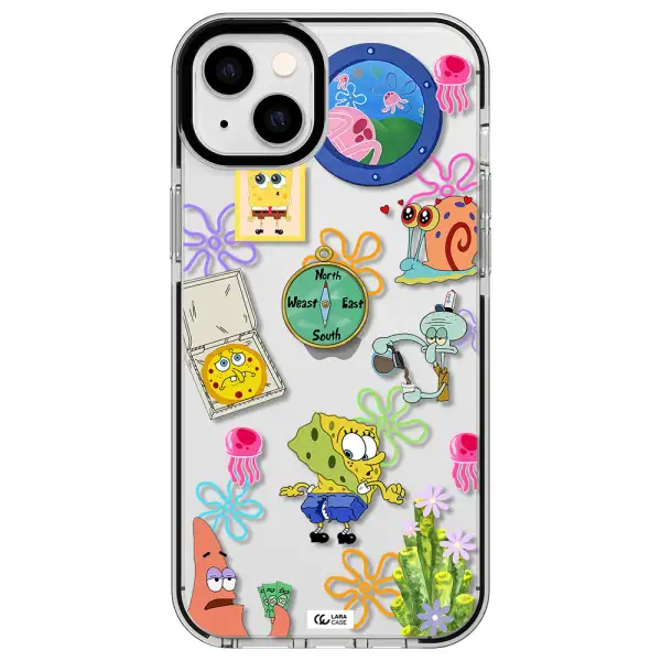 a collection of cartoon characters Apple iPhone 14 plus impact black border Case