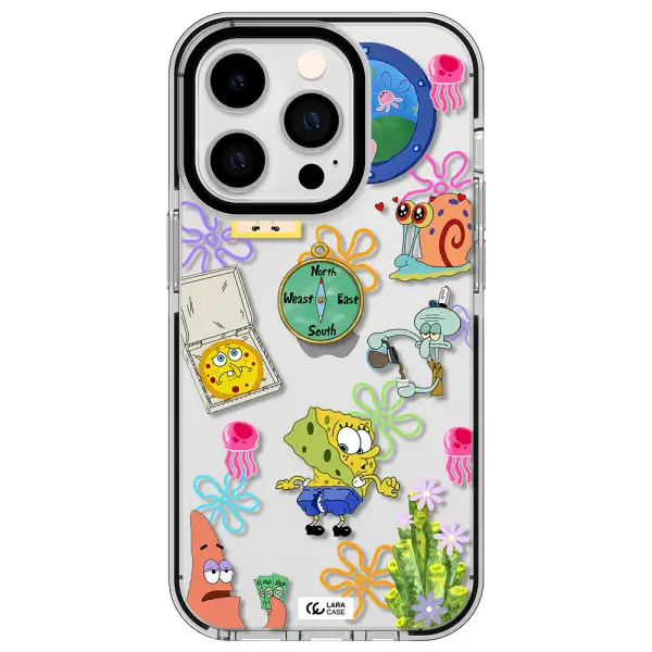 a collection of cartoon characters Apple iPhone 14 pro impact black border Case