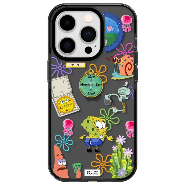 a collection of cartoon characters Apple iPhone 14 pro impact Smoke Black Case