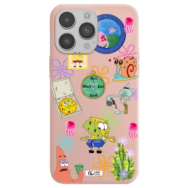 a collection of cartoon characters Apple iPhone 14 pro max Silicone pastel pink Case