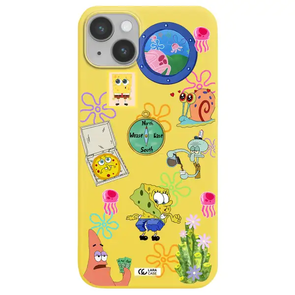 a collection of cartoon characters Apple iPhone 14 Silicone canary yellow Case
