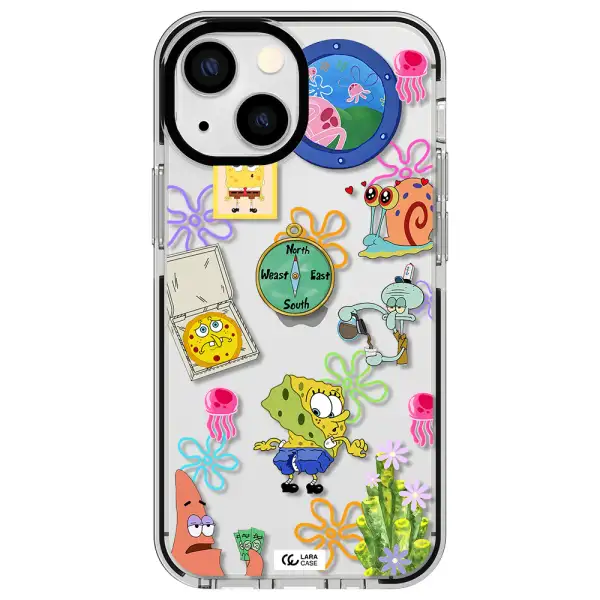 a collection of cartoon characters Apple iPhone 15 Plus impact black border Case