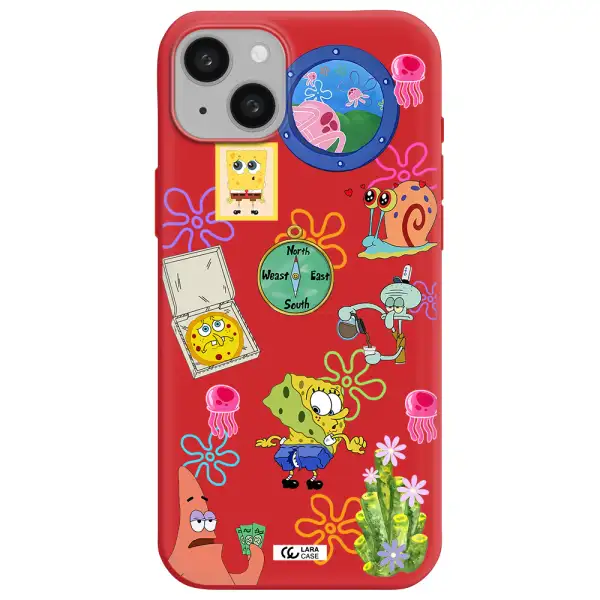 a collection of cartoon characters Apple iphone 15 plus Silicone Imperial Red Case