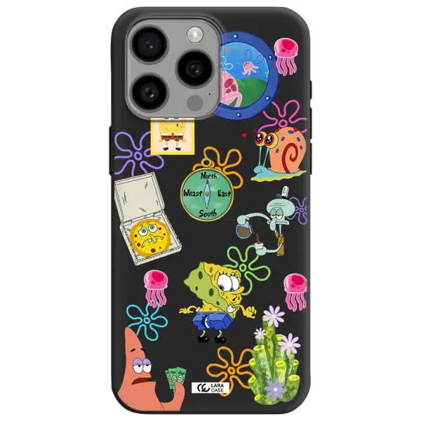a collection of cartoon characters Apple Iphone 15 Pro max Silicone black Case