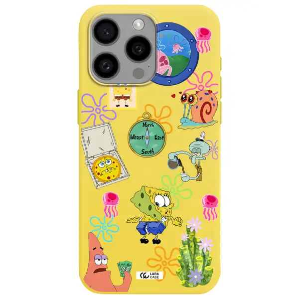 a collection of cartoon characters Apple Iphone 15 Pro max Silicone canary yellow Case