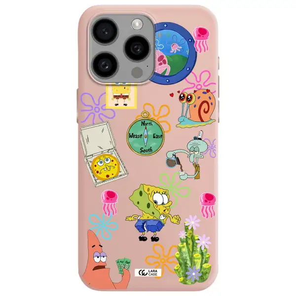 a collection of cartoon characters Apple Iphone 15 Pro max Silicone pastel pink Case