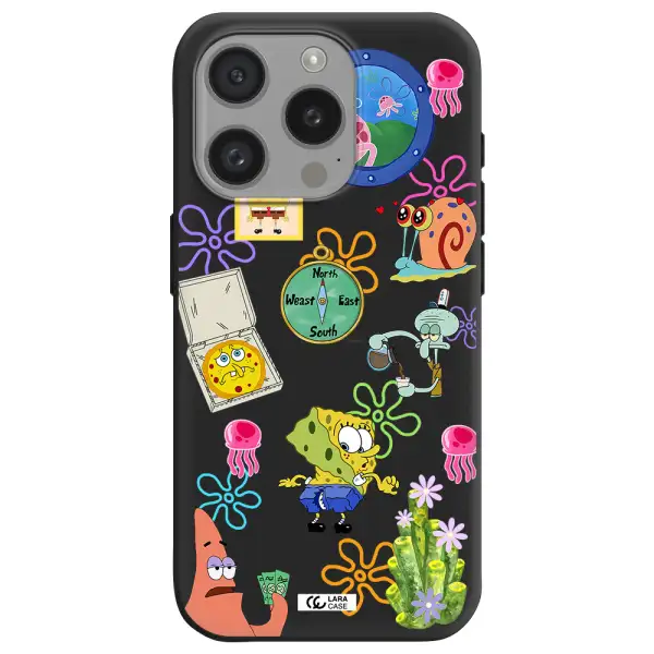 A Collection Of Cartoon Characters Apple Iphone 15 Pro Silicone Black Case