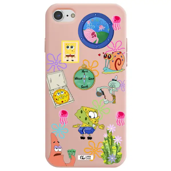 a collection of cartoon characters Apple iPhone 7 Silicone pastel pink Case