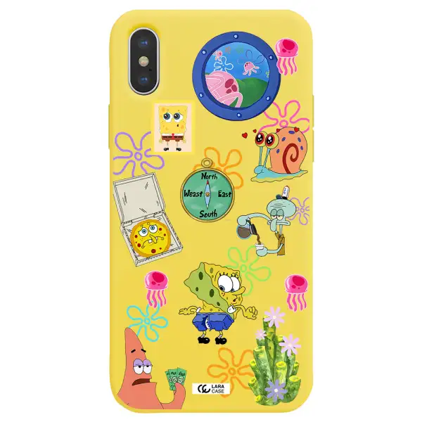 a collection of cartoon characters Apple iPhone XS Silicone canary yellow Case