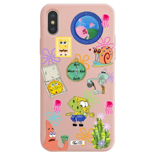a collection of cartoon characters Apple iPhone XS Silicone pastel pink Case