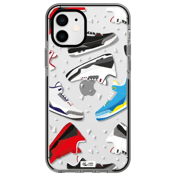 a pattern of different colored shoes Apple iPhone 11 impact black border Case