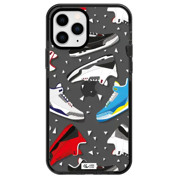 a pattern of different colored shoes Apple iPhone 11 pro impact Smoke Black Case