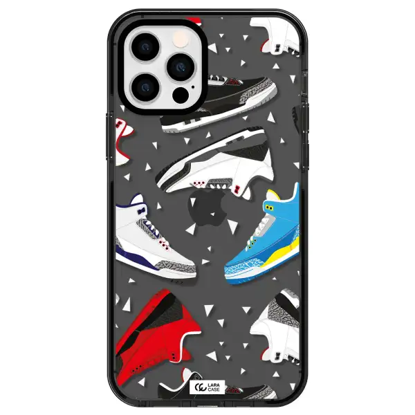 a pattern of different colored shoes Apple iPhone 12 pro impact Smoke Black Case