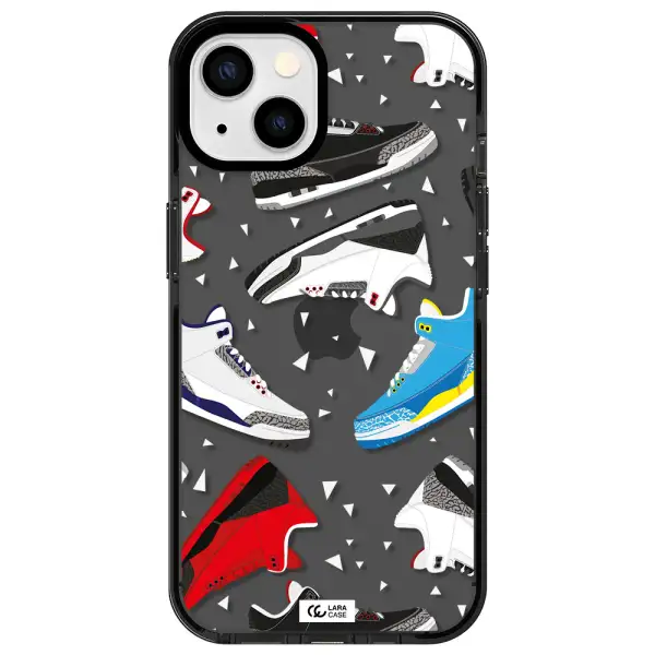 a pattern of different colored shoes Apple iPhone 13 impact Smoke Black Case