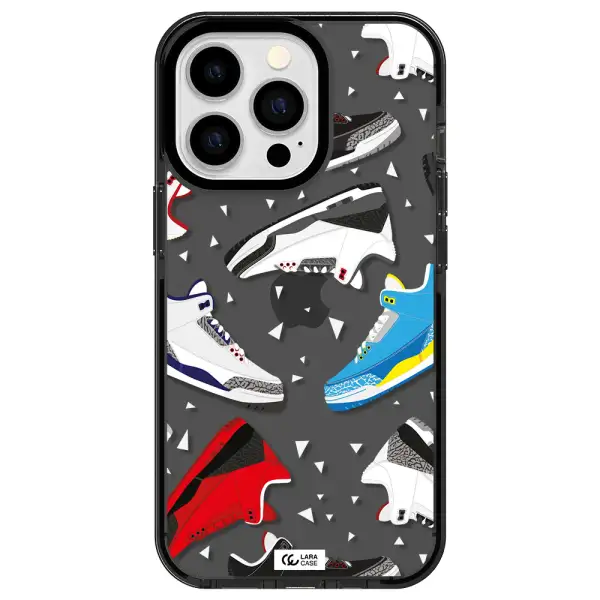 a pattern of different colored shoes Apple iPhone 13 Pro impact Smoke Black Case