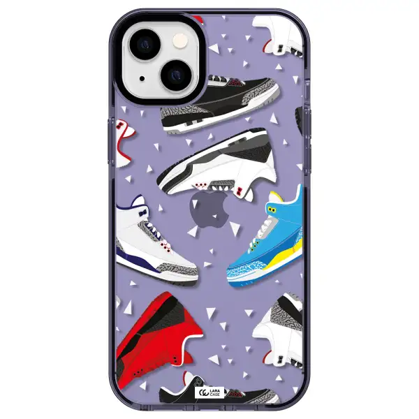 a pattern of different colored shoes Apple iPhone 14 plus impact Lilac Case