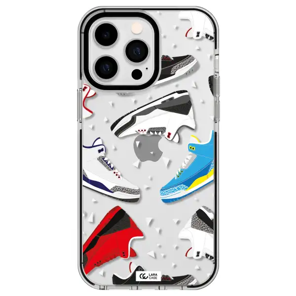 a pattern of different colored shoes Apple iPhone 15 Pro Max impact black border Case