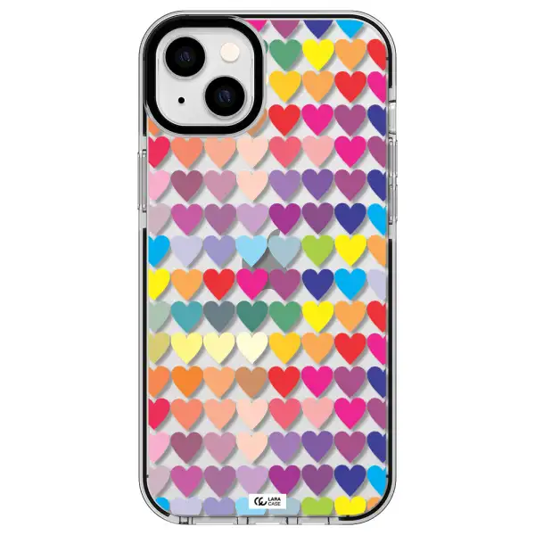 a colorful heart pattern Apple iPhone 14 plus impact black border Case