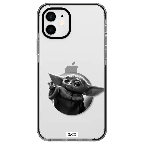 a black and white image of a baby yoda Apple iPhone 11 impact black border Case
