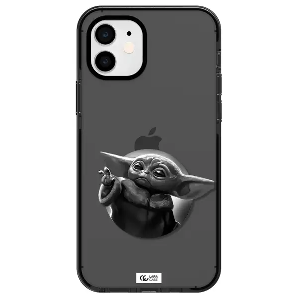a black and white image of a baby yoda Apple iPhone 11 impact Smoke Black Case