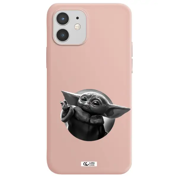 a black and white image of a baby yoda Apple iPhone 12 mini Silicone pastel pink Case