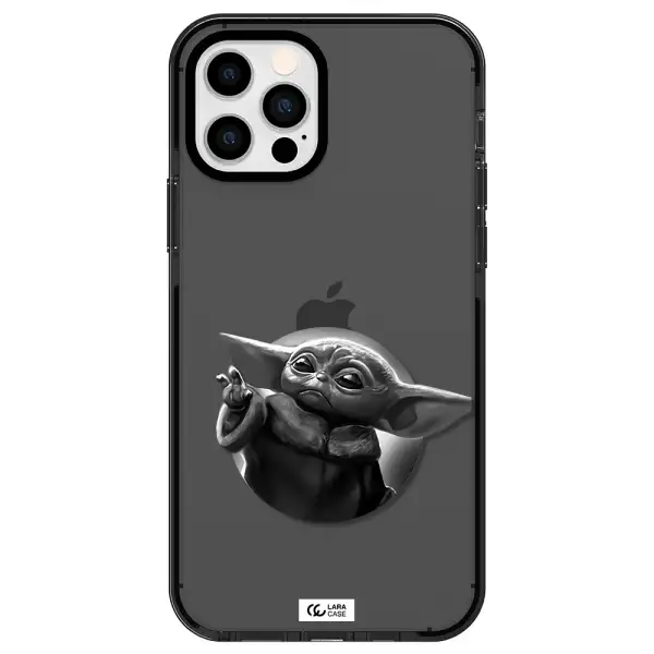 a black and white image of a baby yoda Apple iPhone 12 pro impact Smoke Black Case
