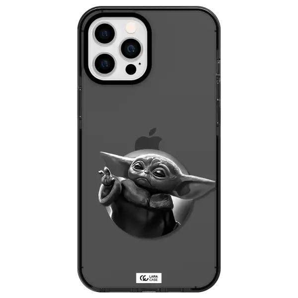 a black and white image of a baby yoda Apple iPhone 12 pro max impact Smoke Black Case
