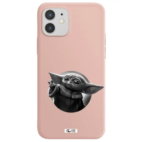 a black and white image of a baby yoda Apple iPhone 12 Silicone pastel pink Case