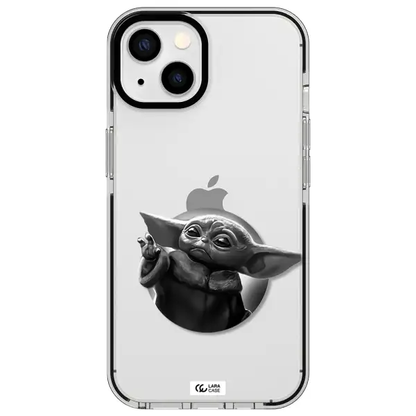 a black and white image of a baby yoda Apple iPhone 13 impact black border Case