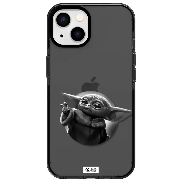 a black and white image of a baby yoda Apple iPhone 13 impact Smoke Black Case