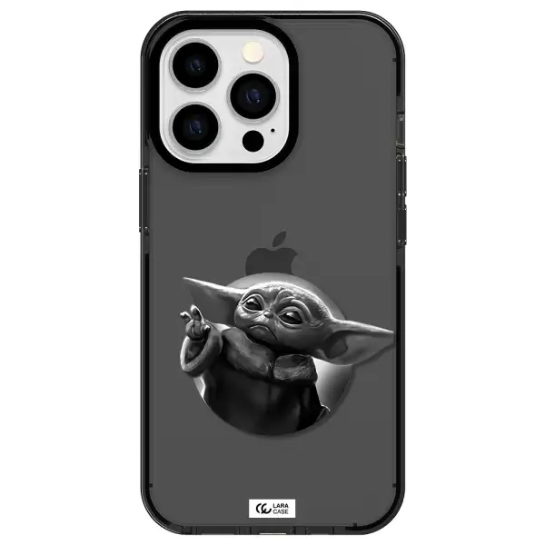 a black and white image of a baby yoda Apple iPhone 13 Pro impact Smoke Black Case