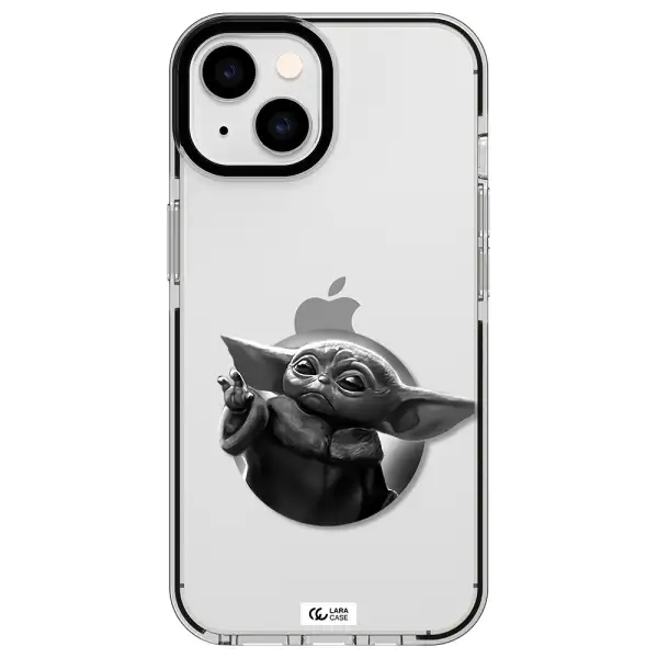 a black and white image of a baby yoda Apple iPhone 14 impact black border Case