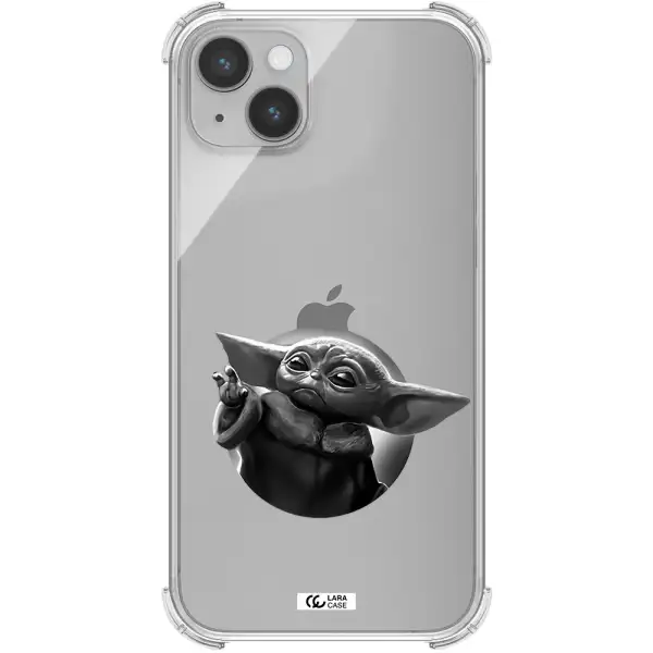a black and white image of a baby yoda Apple iPhone 14 plus Clear PC Case